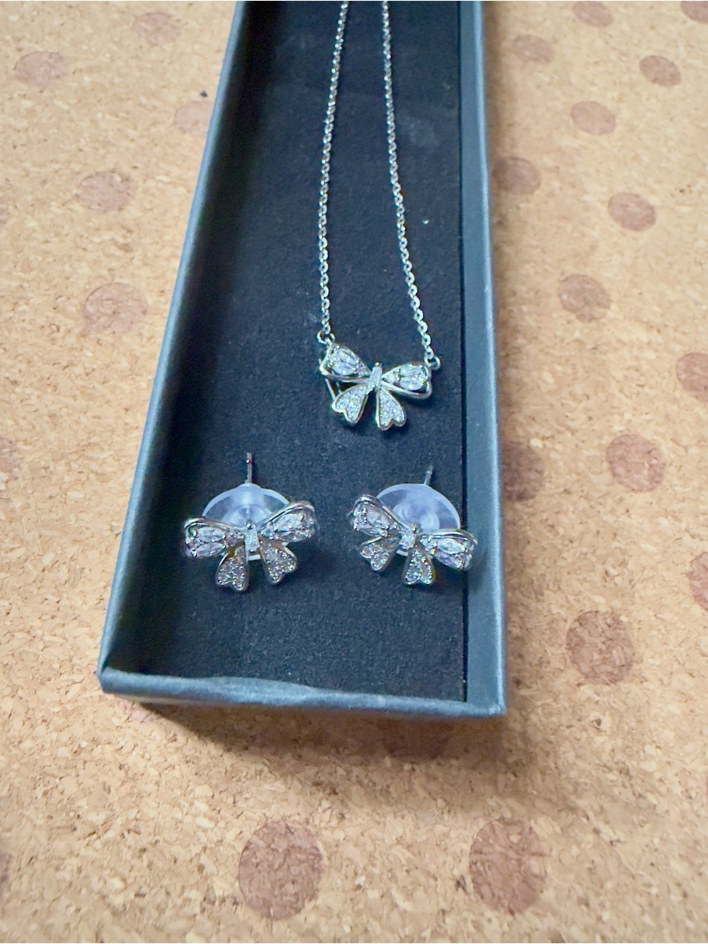 Silver Bow Crystal Necklace and Stud Earrings Set